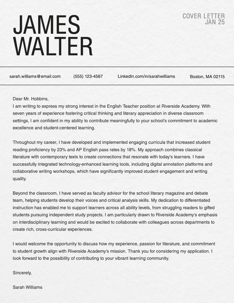 Elegant Gray Cover Letter Template for Job Applications