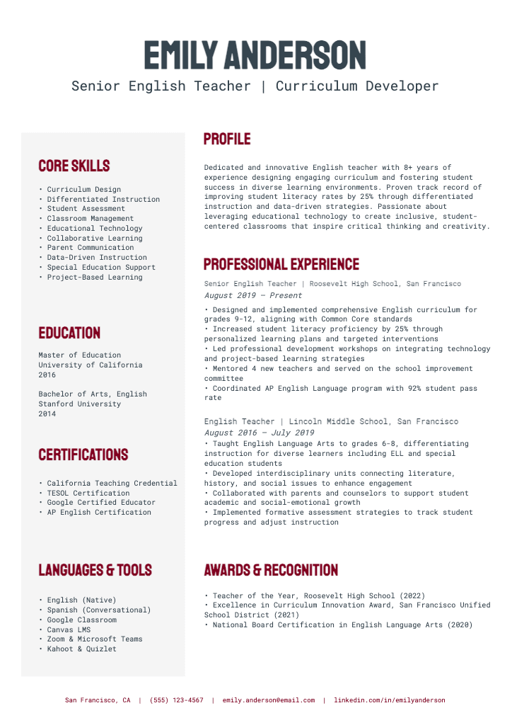 Creative Gray Resume for Senior English Teacher
