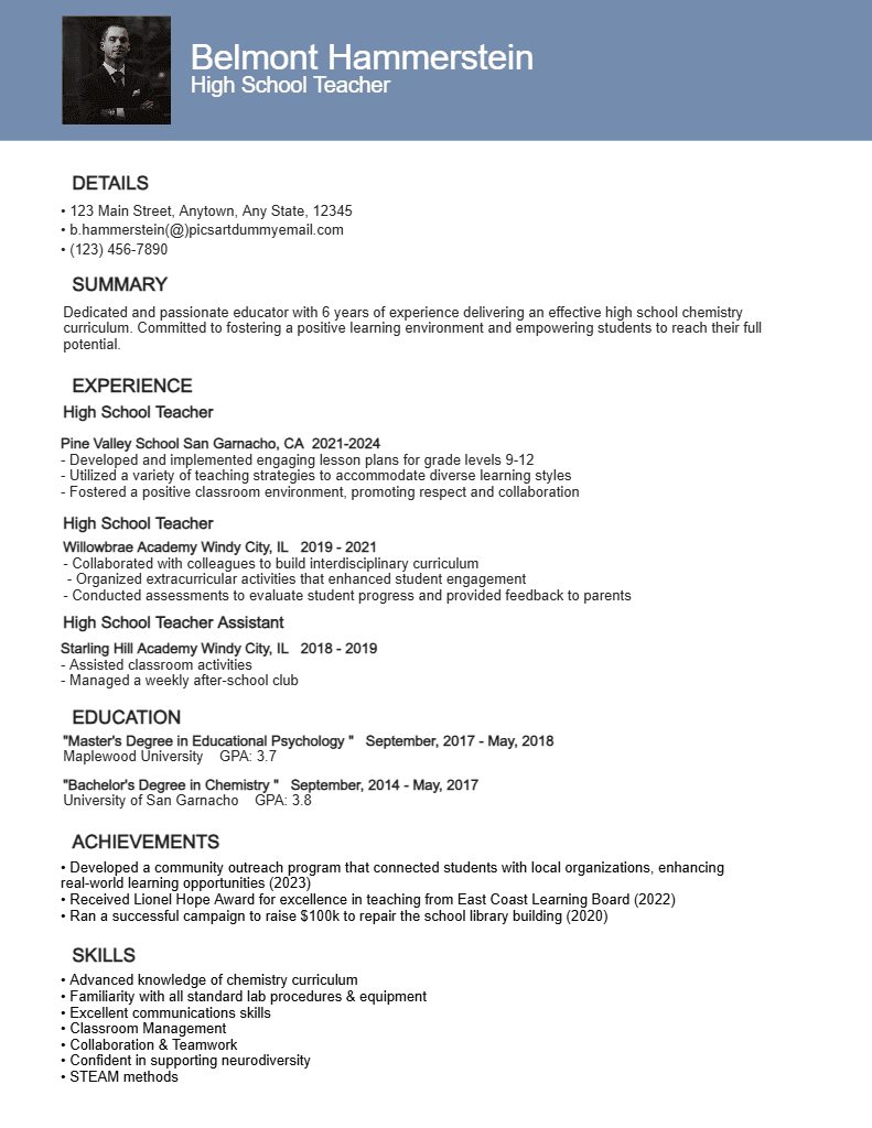 Elegant Blue High School Teacher Resume Template