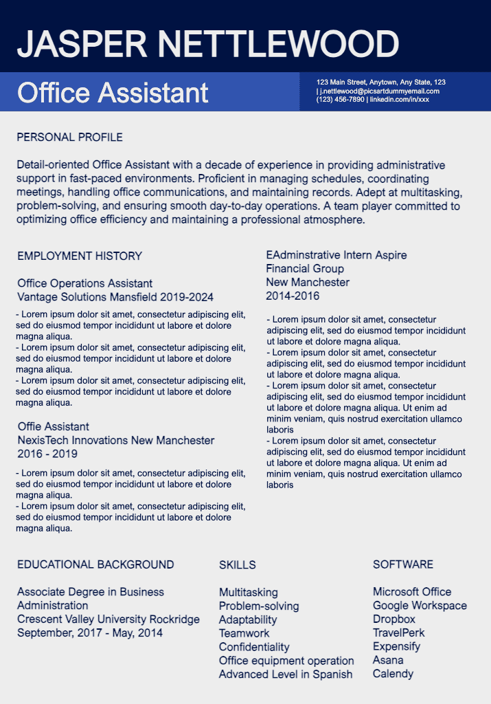 Professional Office Assistant Resume in Blue