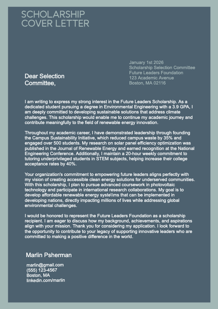 Elegant Blue Scholarship Cover Letter Template