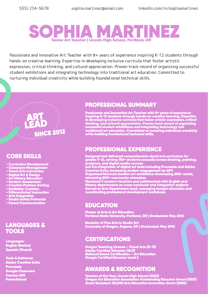 Vibrant Art Teacher Resume with Purple Highlights