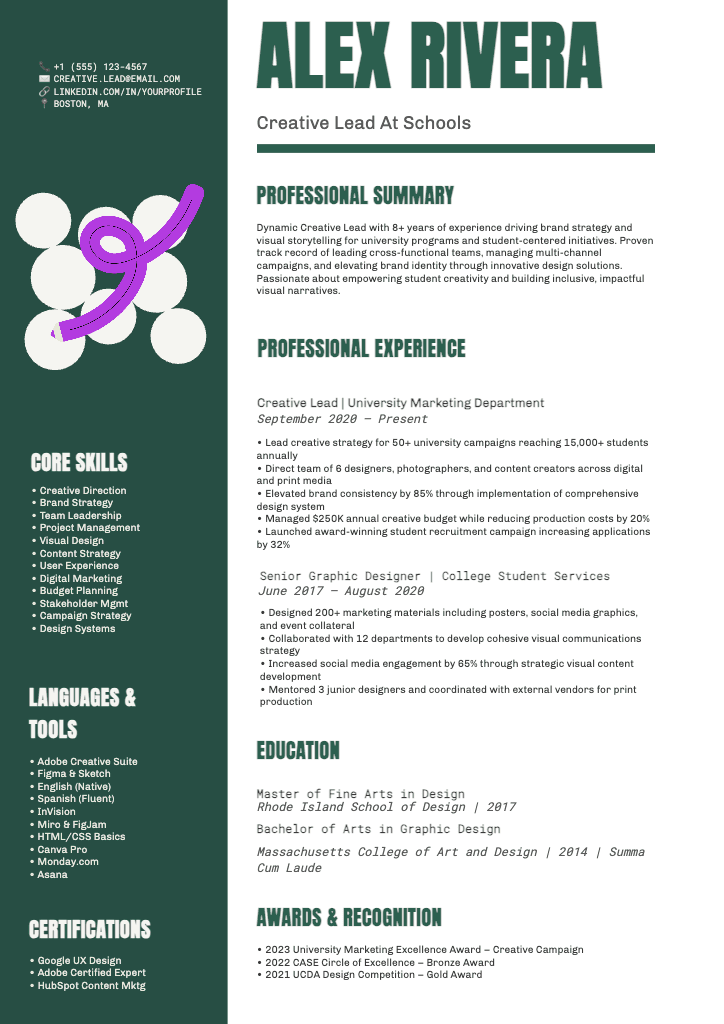 Green Themed Resume for Creative Leaders