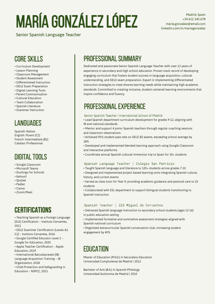 Green and White Professional Resume for Teachers