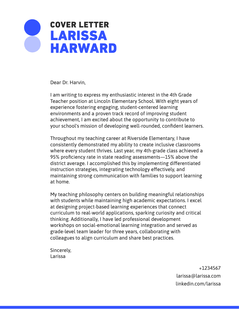Elegant Blue Cover Letter for Educators