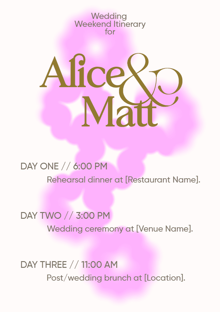 Chic Pink Wedding Weekend Itinerary A4