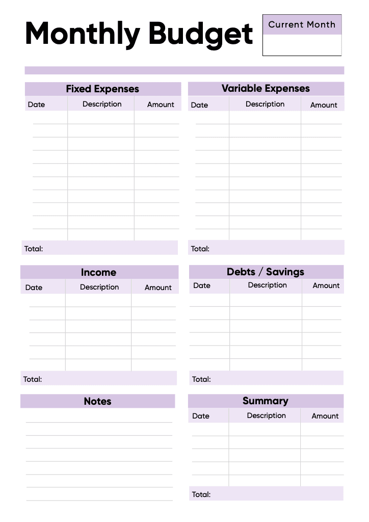 Comprehensive Monthly Budget A4 Template Purple
