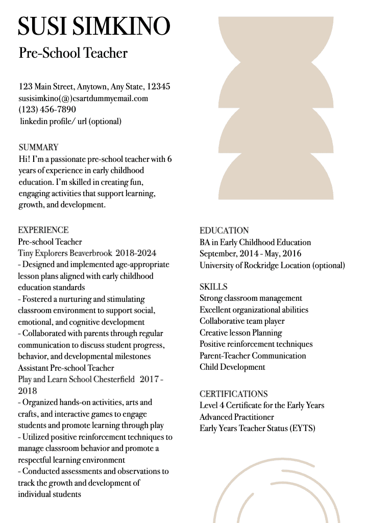Professional Pre-School Teacher Resume in Beige