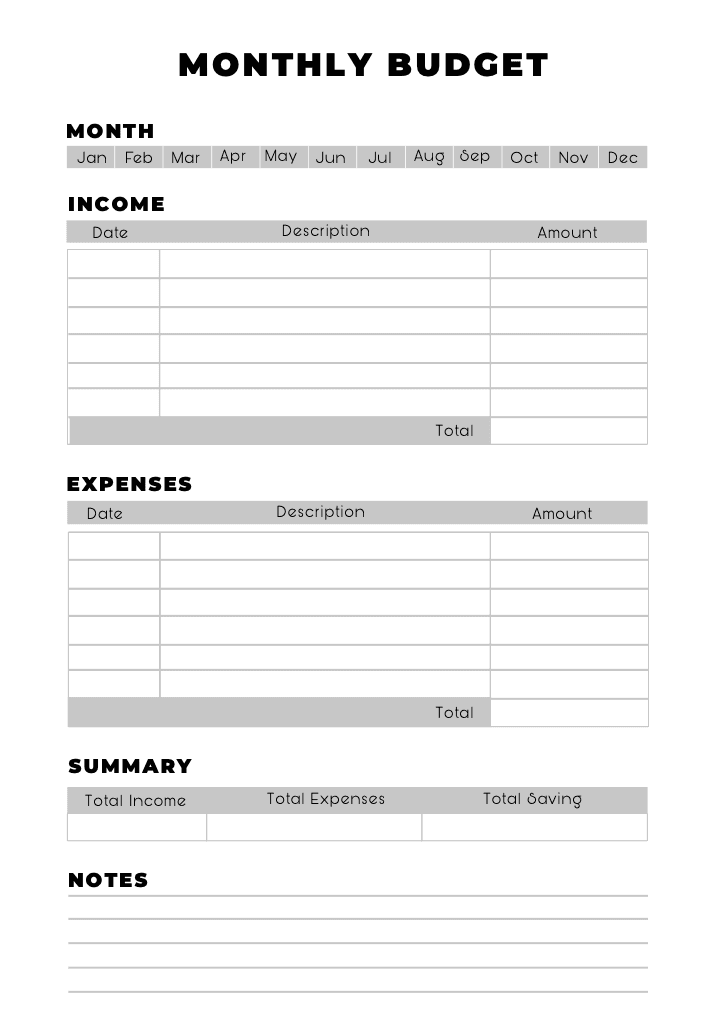 Monthly Budget Planner A4 in Gray