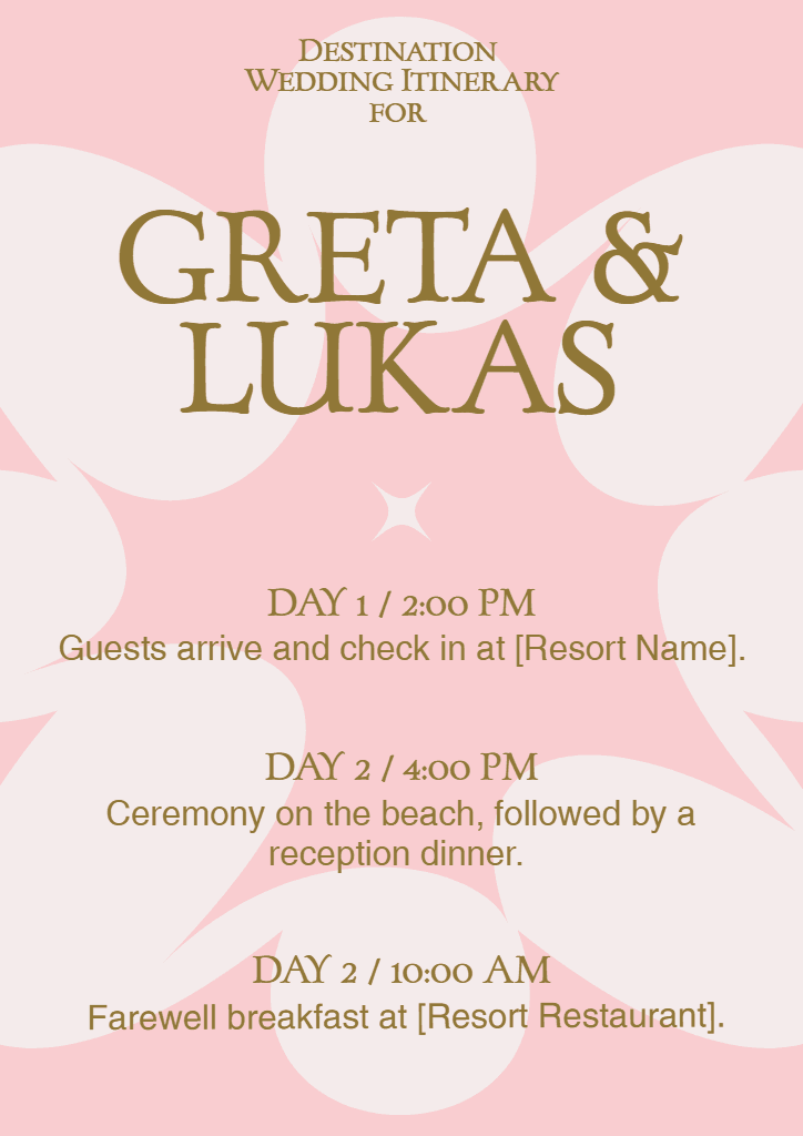 Pink Destination Wedding Itinerary A4 Poster Plan
