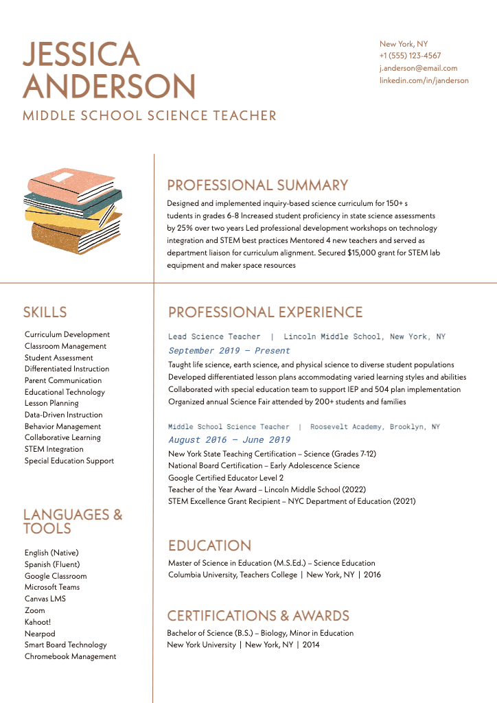 Elegant Beige Middle School Teacher Resume