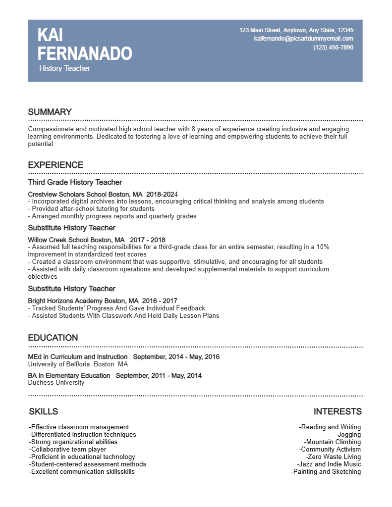 Professional History Teacher Resume in Blue