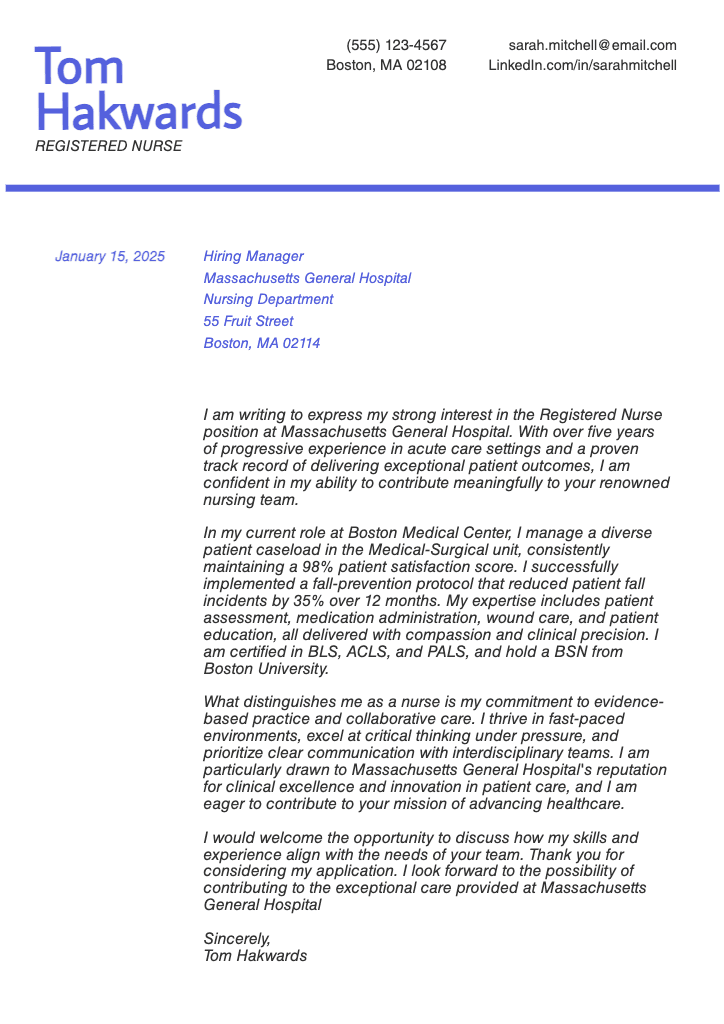 Professional Nurse Cover Letter in Blue Theme