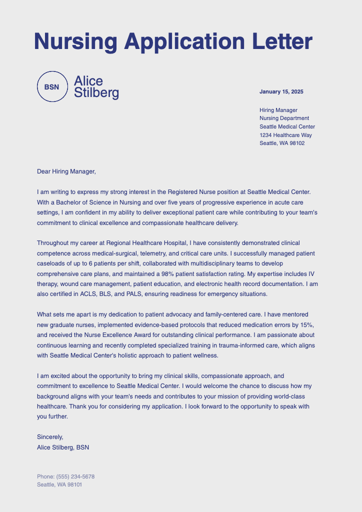 Professional Nursing Cover Letter Template in Blue
