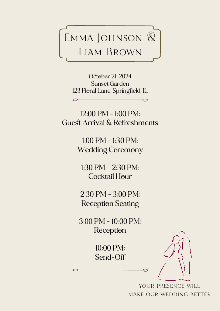 Elegant A4 Wedding Itinerary Cream Design