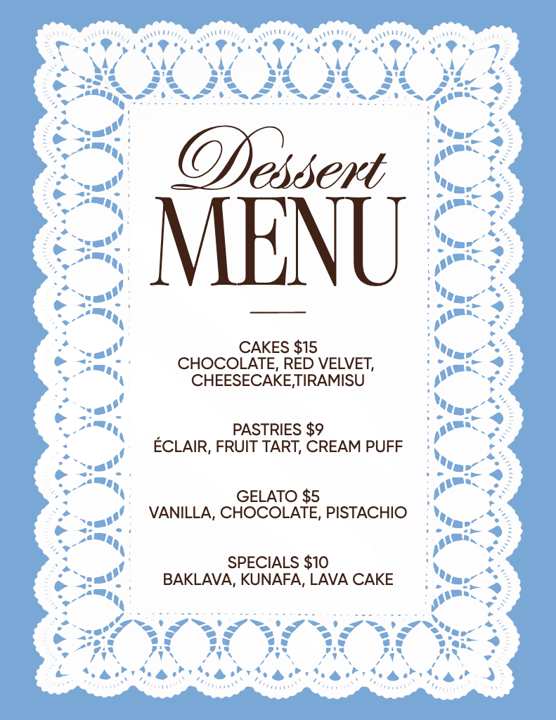 Elegant Blue Dessert Menu with Lace Design